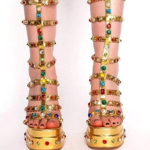 Callie Lives in Egypt Gold Highrise Gladiator Gemstone Platform Chunky Heels 10 - Picture 4 of 5